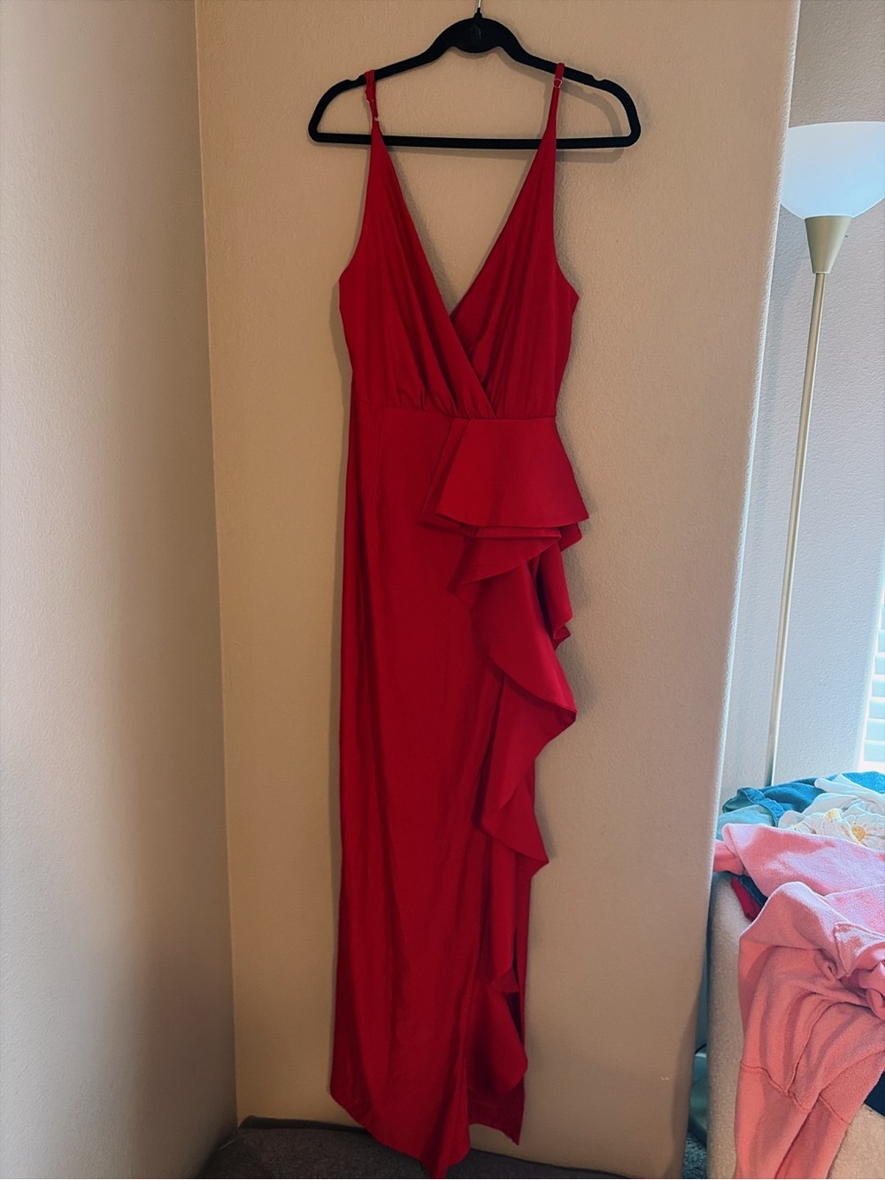 Fashion Nova Red Ruffle-Detail V-Neck Maxi Dress